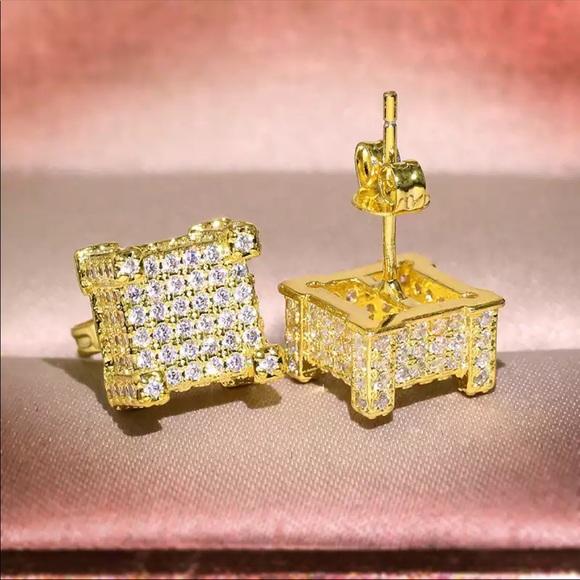 New gold square earrings CZ shiny classic hip hop
